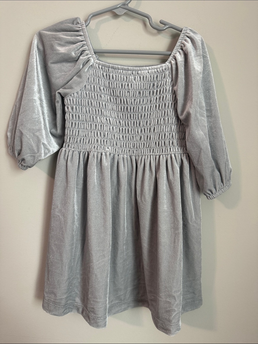Old Navy Silver Velvet Smocked Puff-Sleeve Dress